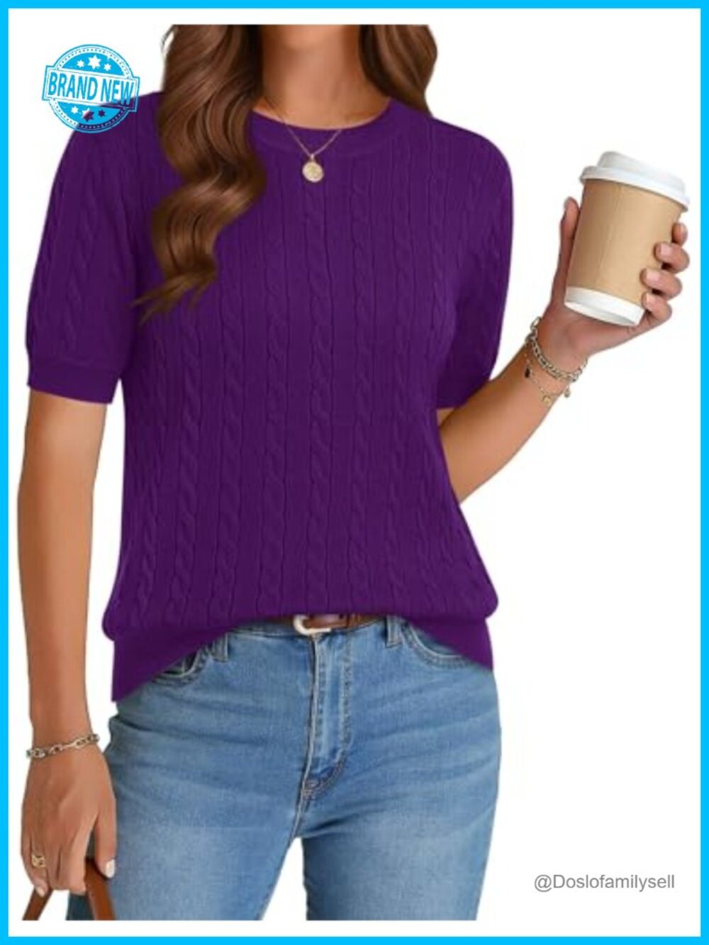 Cable Knit Short Sleeve Sweater Women Lightweight Crew Neck Work Top